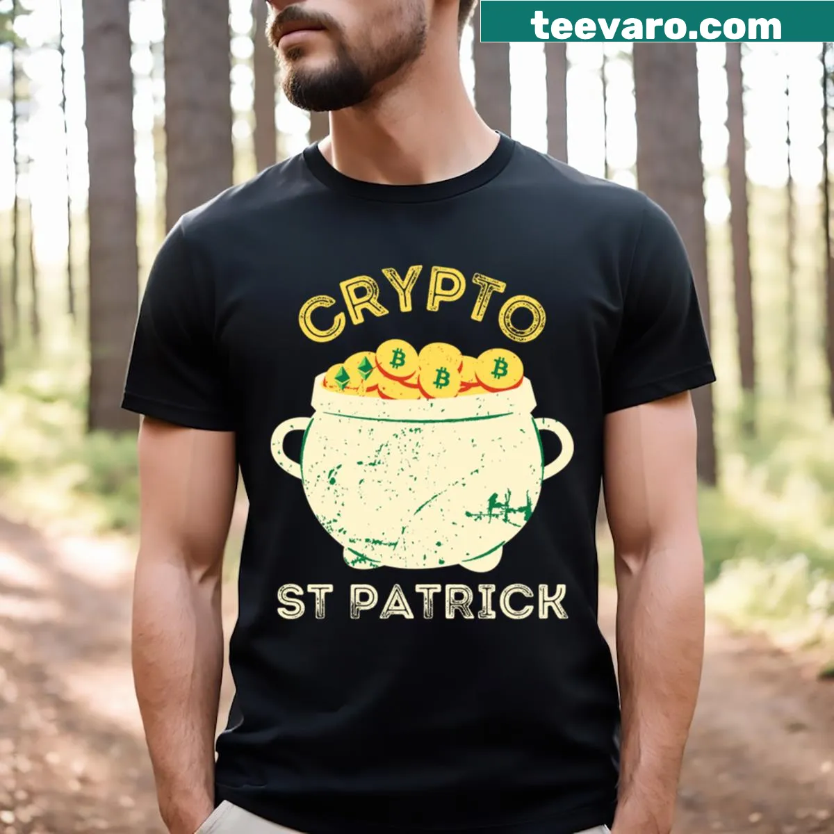 Funny St. Patrick's Day shirt with meme and crypto theme — on a men's t-shirt