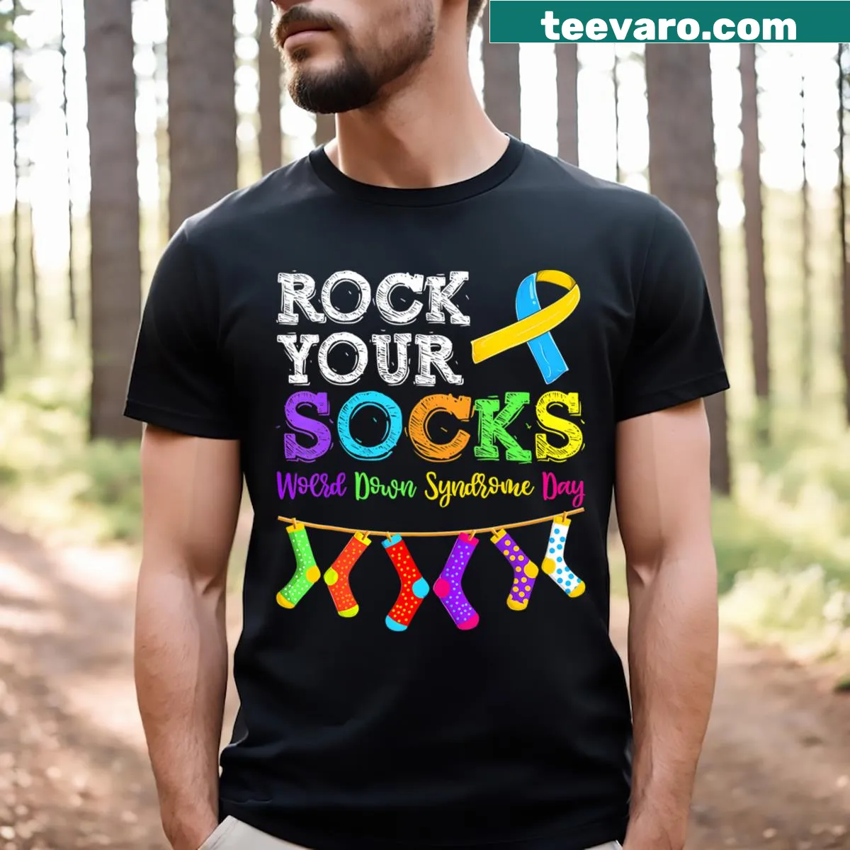 Down Syndrome awareness t-shirt with 'Rock Your Socks' text — on a men's t-shirt