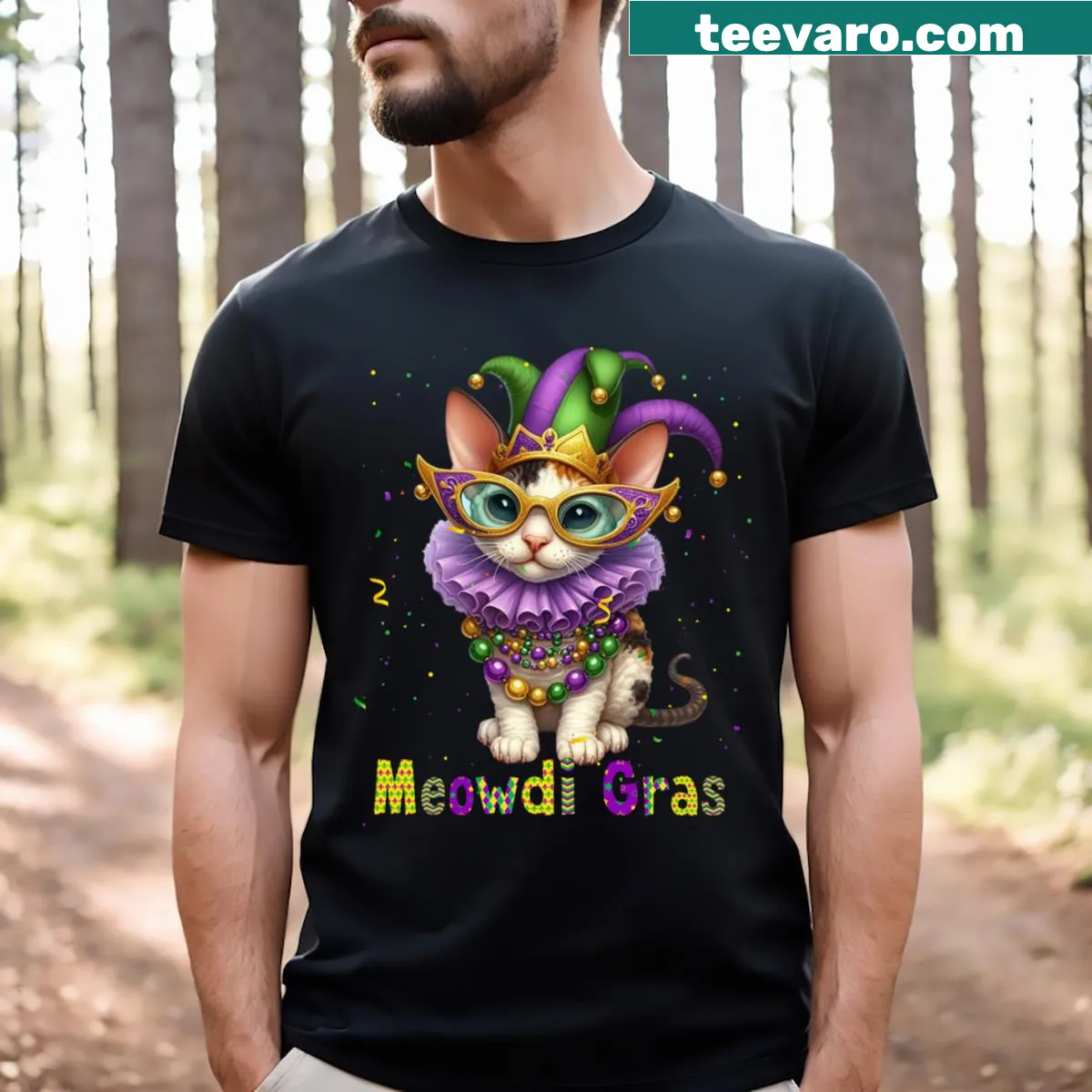 Cartoon Cornish Rex cat wearing Mardi Gras beads on T-shirt. — on a men's t-shirt