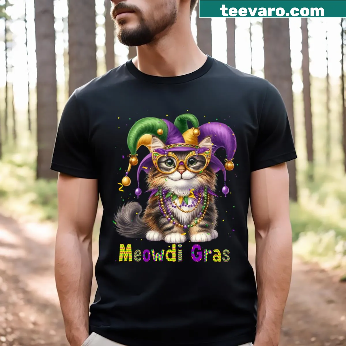 Mardi Gras themed t-shirt with a Norwegian Forest cat and beads — on a men's t-shirt