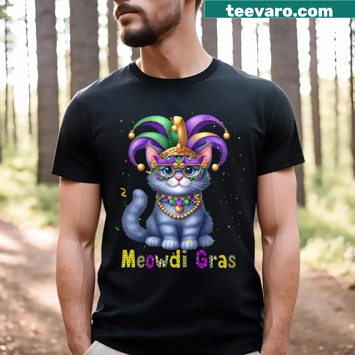 Mardi Gras themed t-shirt with a Russian Blue cat and beads — on a men's t-shirt
