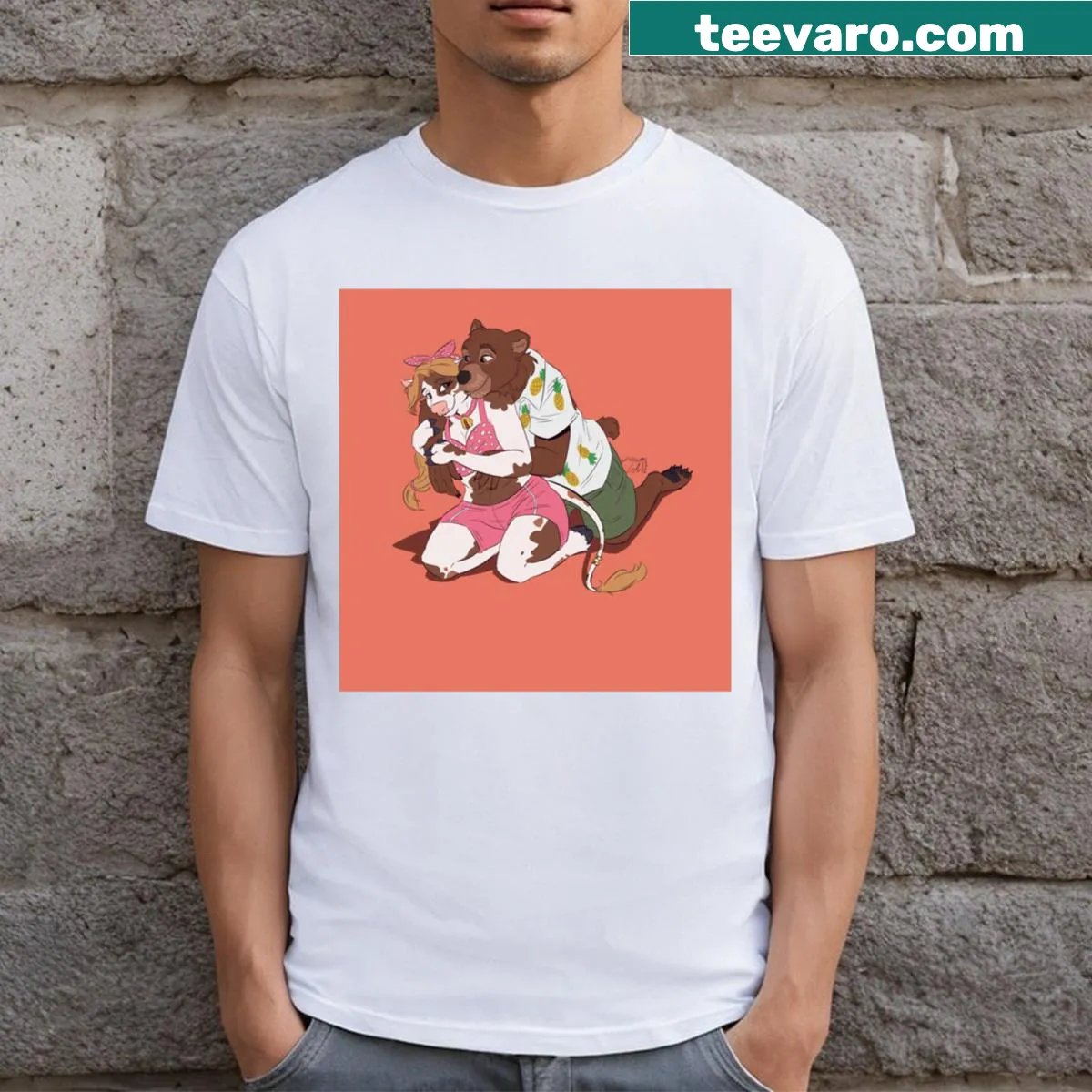 Cartoon t-shirt featuring a Moodle and a bear in a playful design — on a men's t-shirt