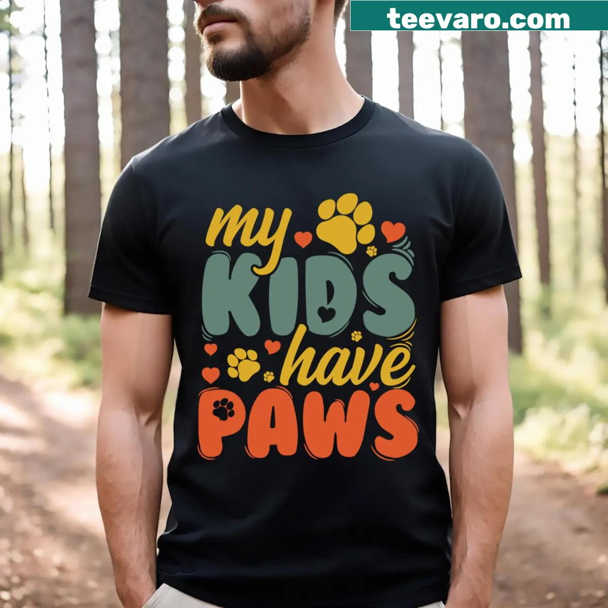 Funny pet mom t-shirt with paws and playful text design — on a men's t-shirt