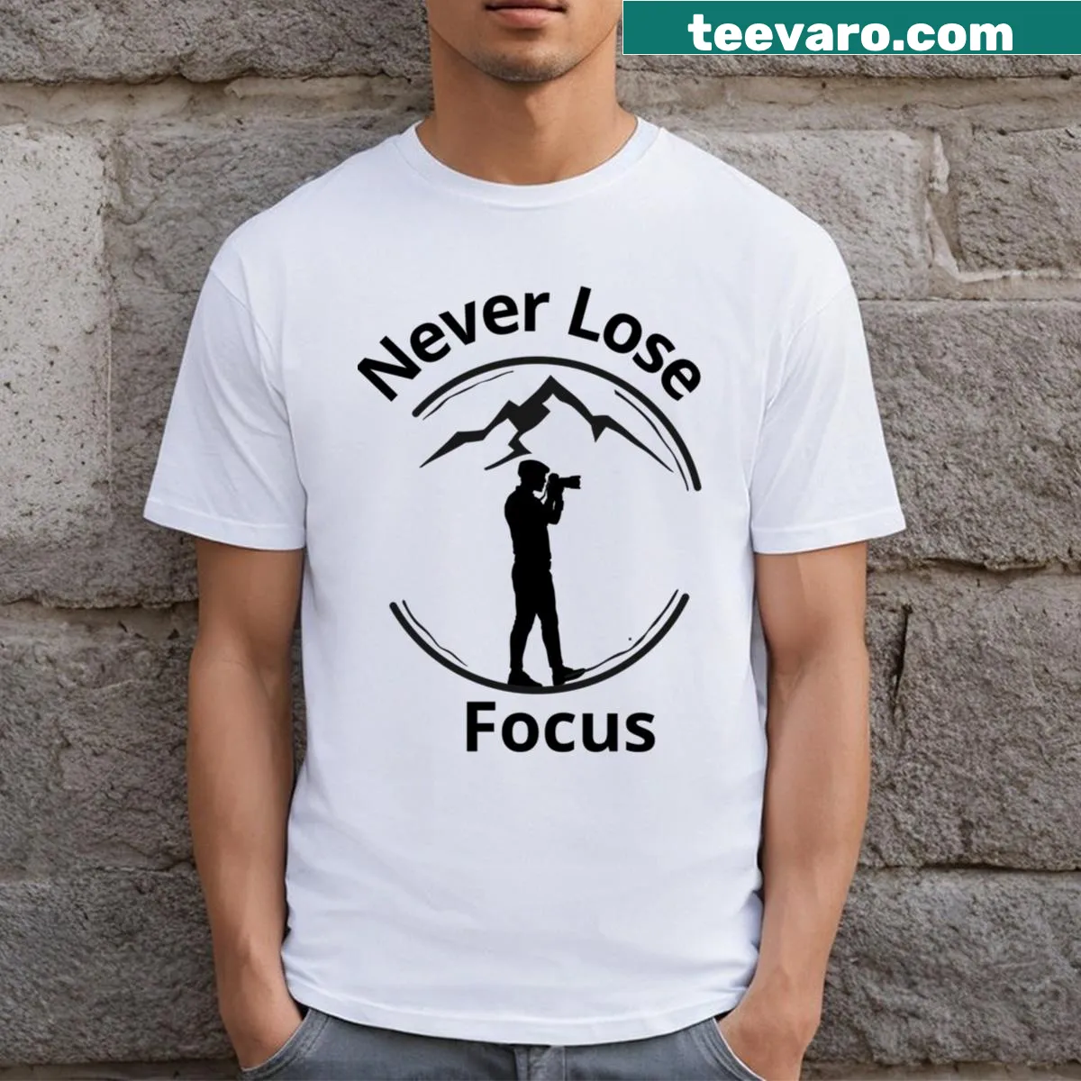 Funny T-shirt for photographers with the phrase about focusing — on a men's t-shirt