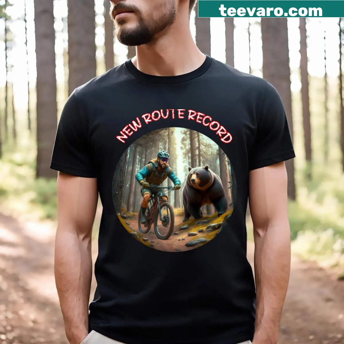 Cycling T-shirt celebrating new route records with bold text — on a men's t-shirt