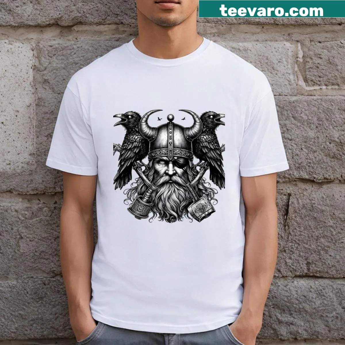 Minimalist silhouette t-shirt depicting Odin from Norse mythology — on a men's t-shirt