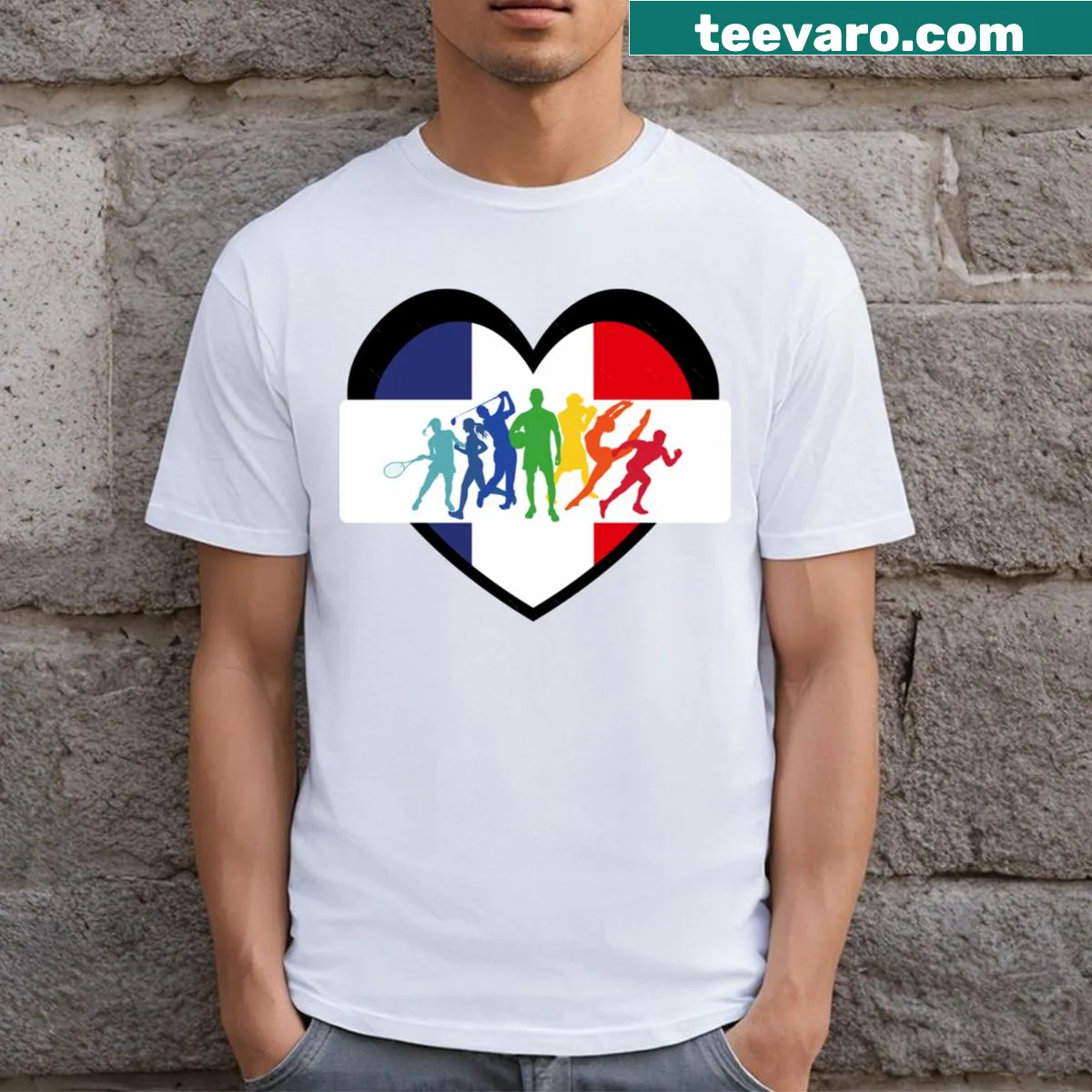 Olympics Inspired 2024 Team France T-shirt with bold typography — on a men's t-shirt
