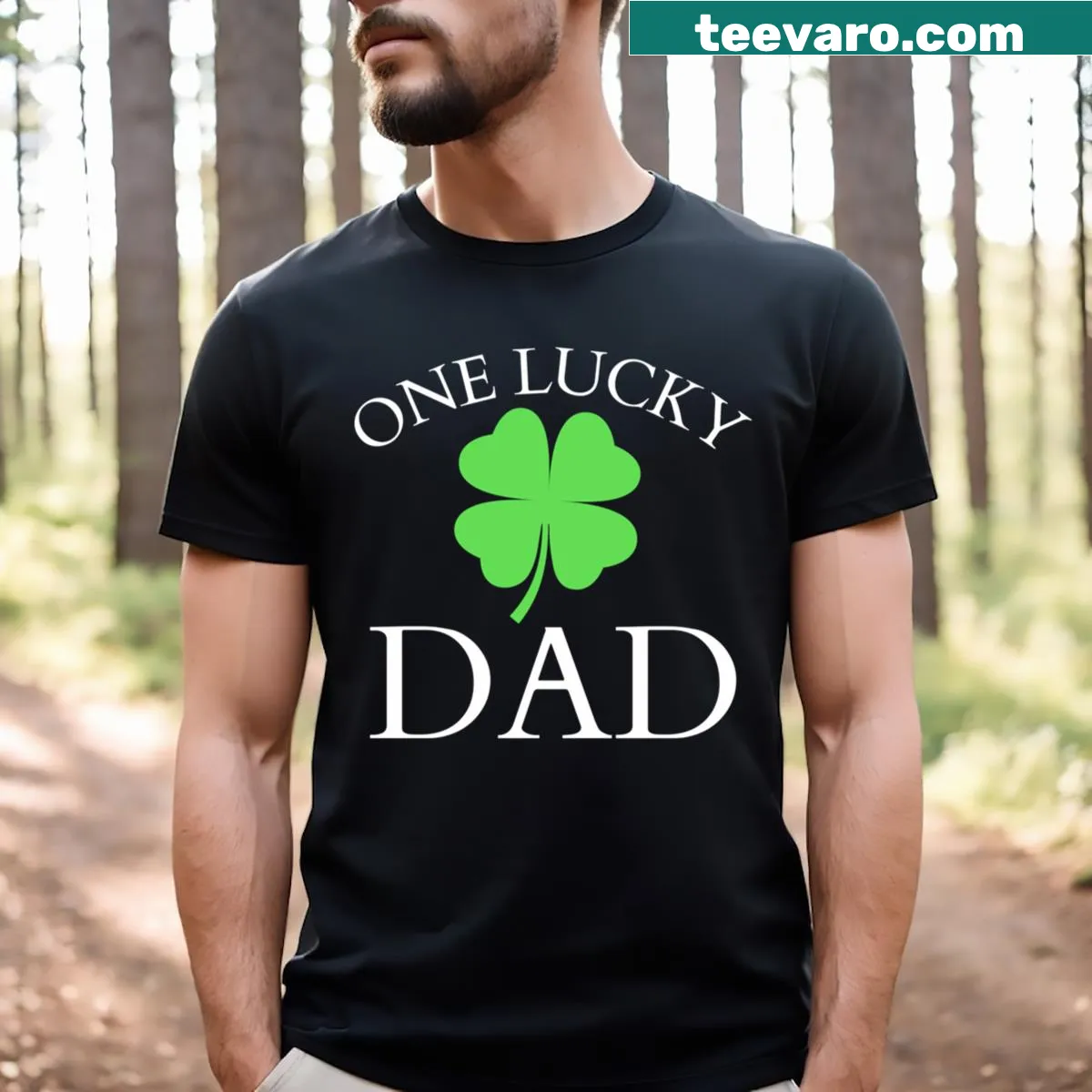Funny St. Patrick's Day t-shirt for dads with 'One Lucky Dad' text — on a men's t-shirt