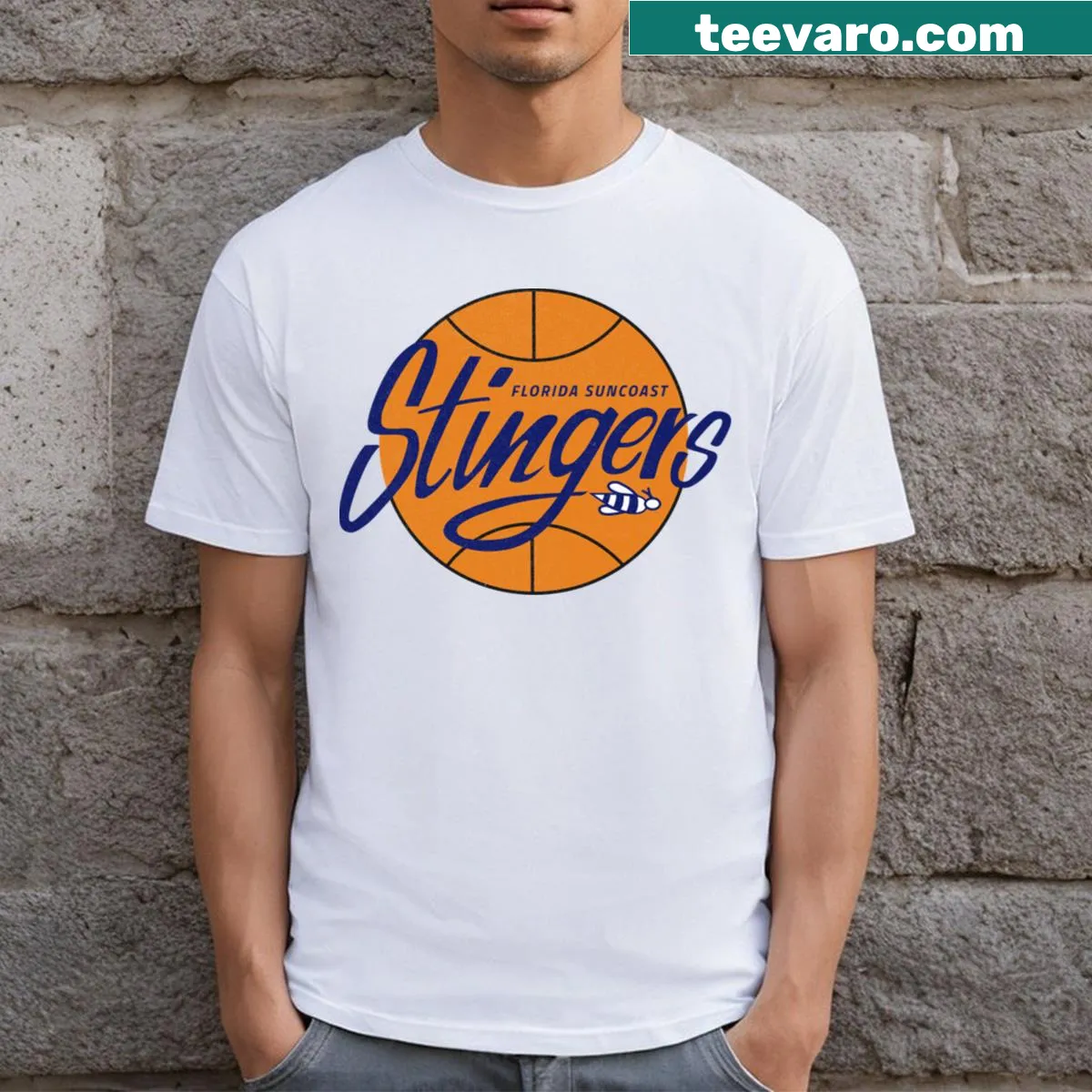 Illustration of Original Florida Suncoast Stingers basketball logo — on a men's t-shirt