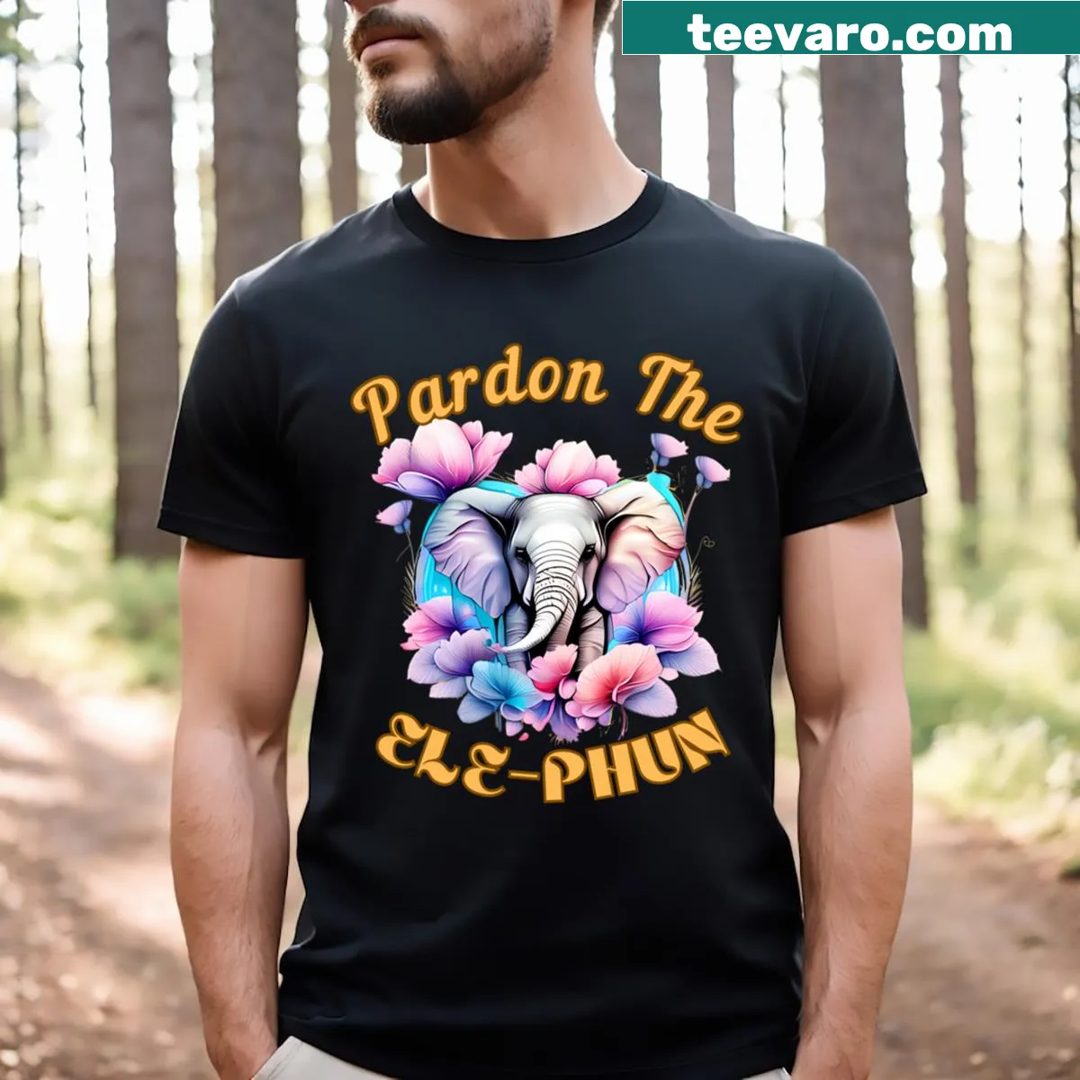 Funny T-shirt with a cartoon elephant and text 'Pardon the Elephun' — on a men's t-shirt