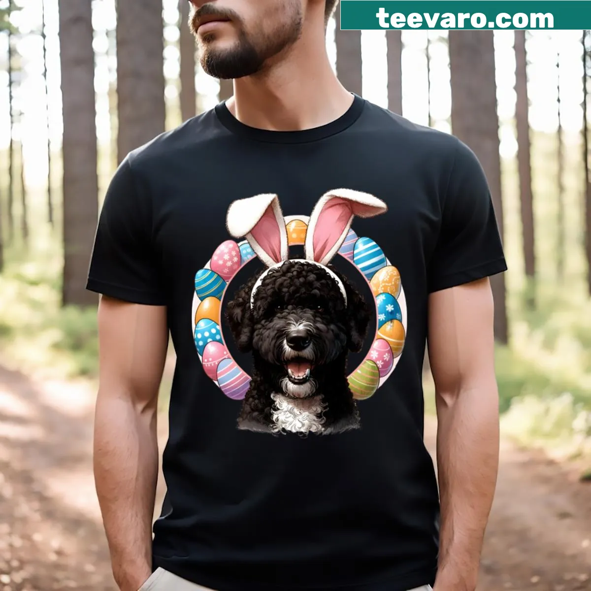 Cute Portuguese Water Dog t-shirt with bunny ears for Easter — on a men's t-shirt