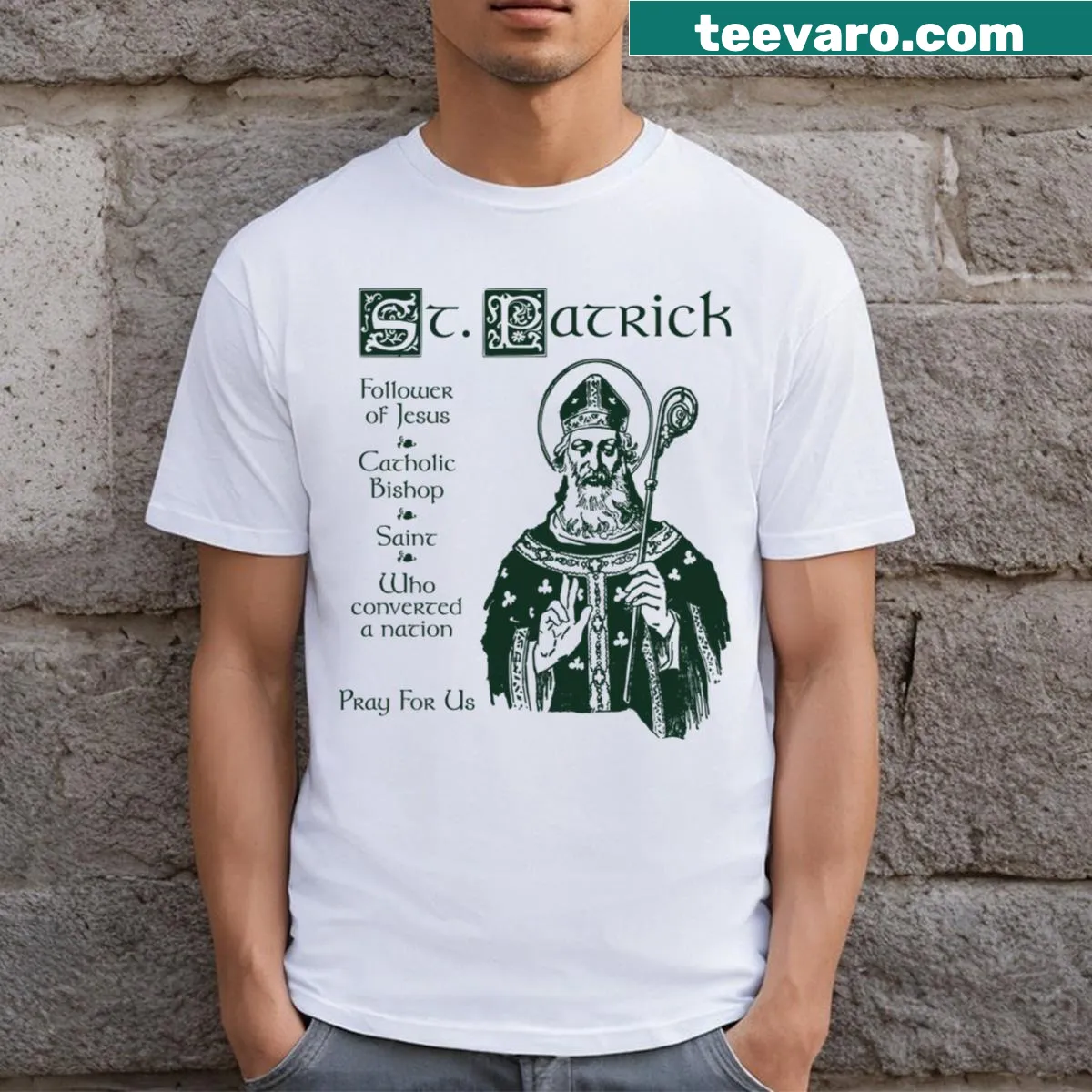 St. Patrick's Day t-shirt with 'Real Saint Patrick' text design — on a men's t-shirt