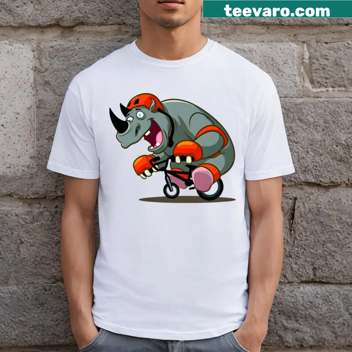 Illustration of a rhinoceros riding a BMX bicycle on a T-shirt — on a men's t-shirt