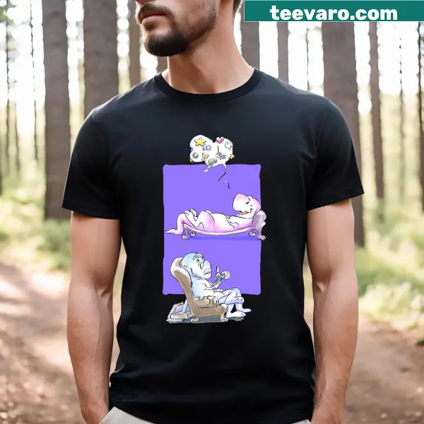 Cartoon dinosaur design on the Sigmundosaurus Freux t-shirt.