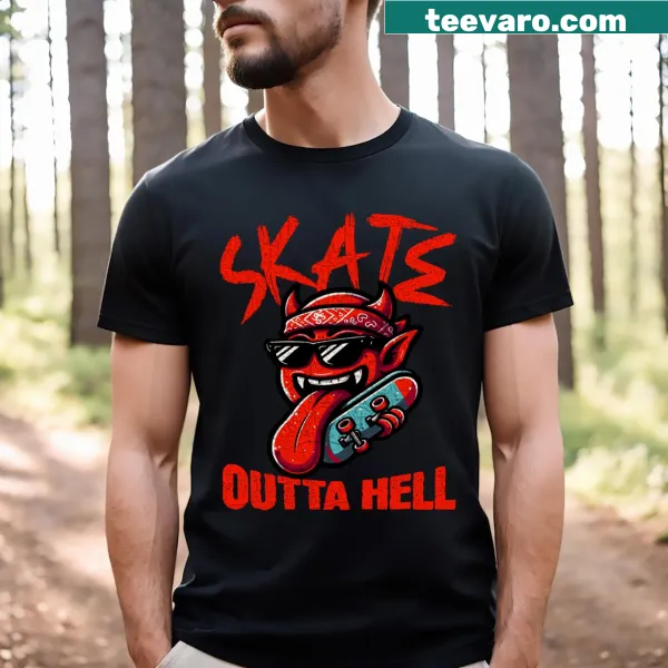 Bold t-shirt with 'Skate Outta Hell' graphic for skateboard enthusiasts