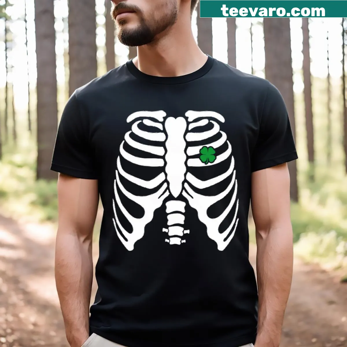 Clever t-shirt with skeleton rib cage heart and clover design for St. Patrick's Day — on a men's t-shirt