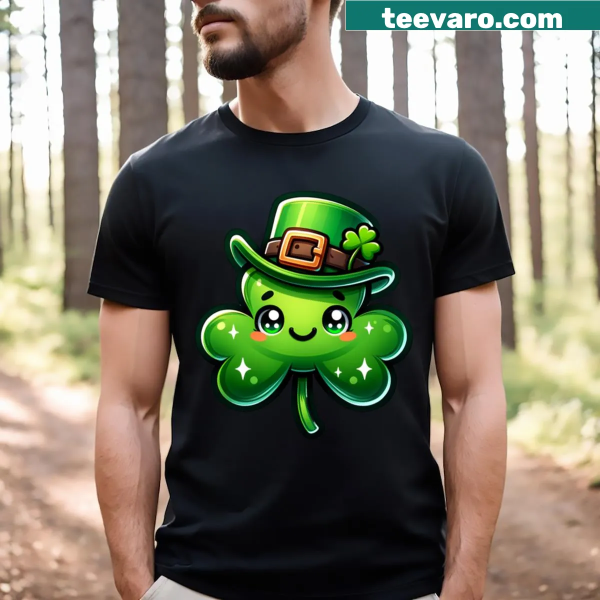 Cute t-shirt with a smiling clover design for St. Patrick's Day — on a men's t-shirt
