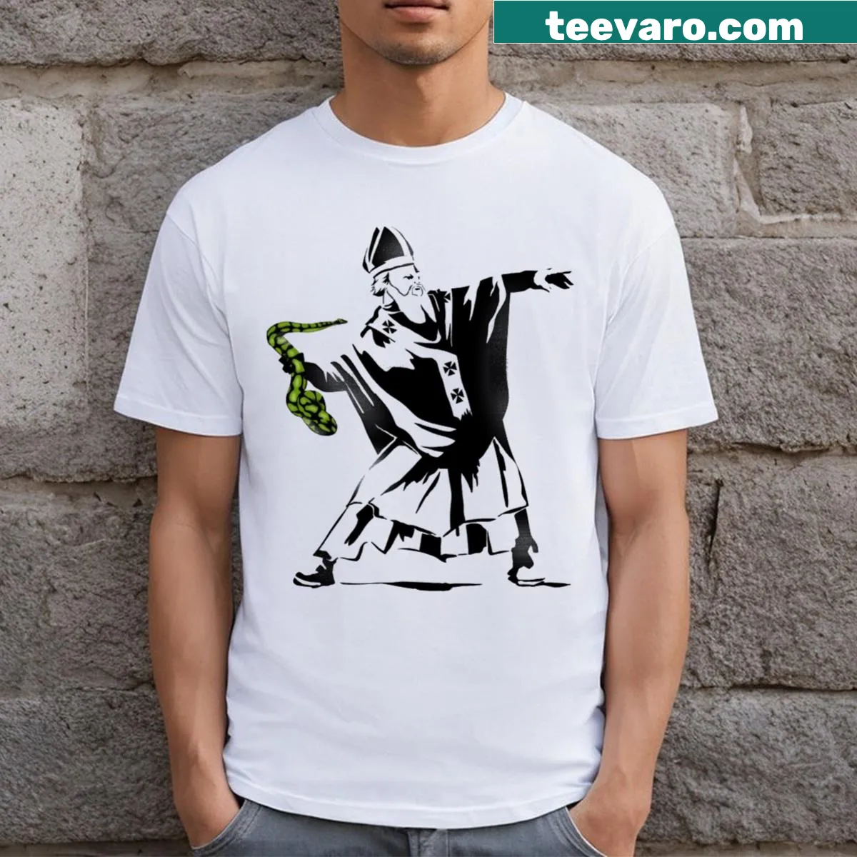 Illustrated Snake Thrower t-shirt with a graphic of a character wielding snakes — on a men's t-shirt