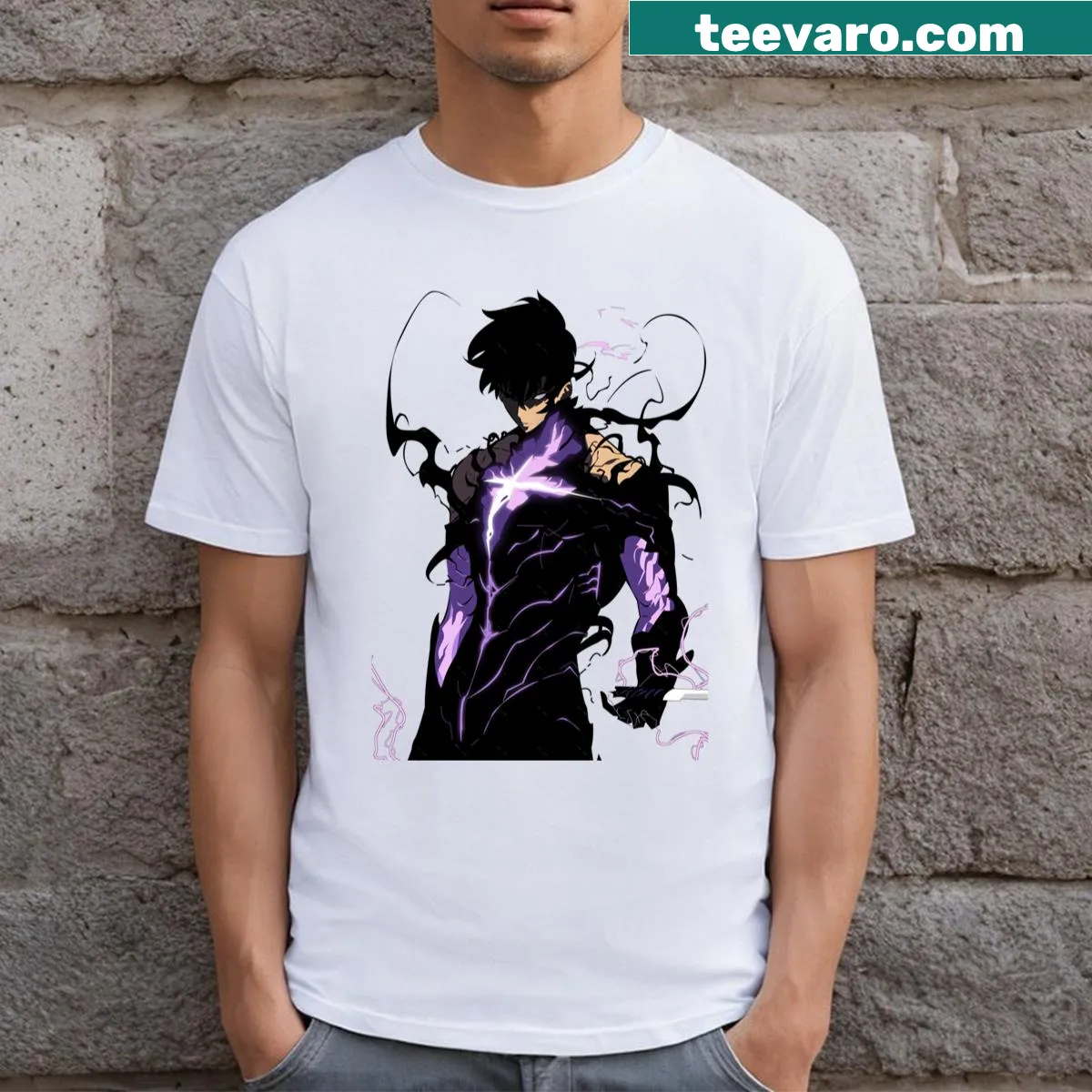 Graphic t-shirt inspired by the Solo Leveling gaming series — on a men's t-shirt