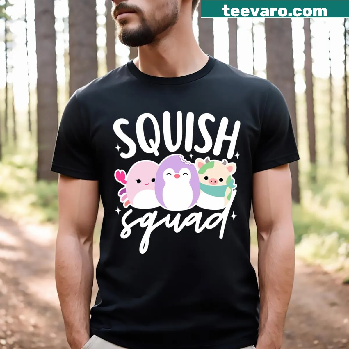 Cute t-shirt featuring Squish Squad marshmallow characters — on a men's t-shirt