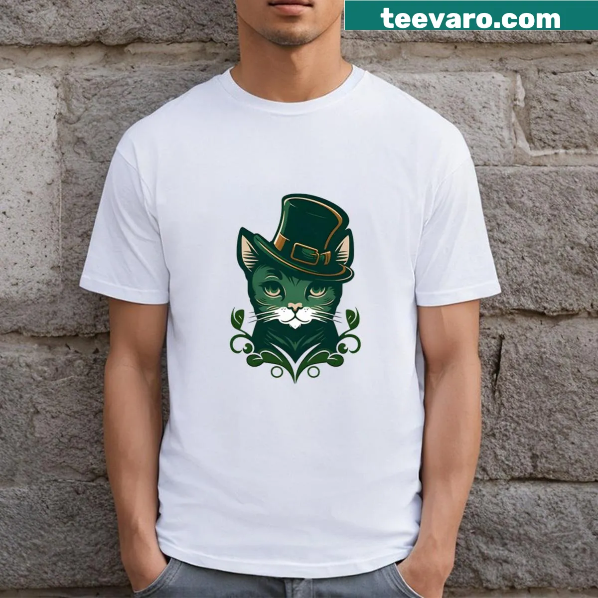 Cute cartoon cat design for St. Patrick's Day T-shirt — on a men's t-shirt