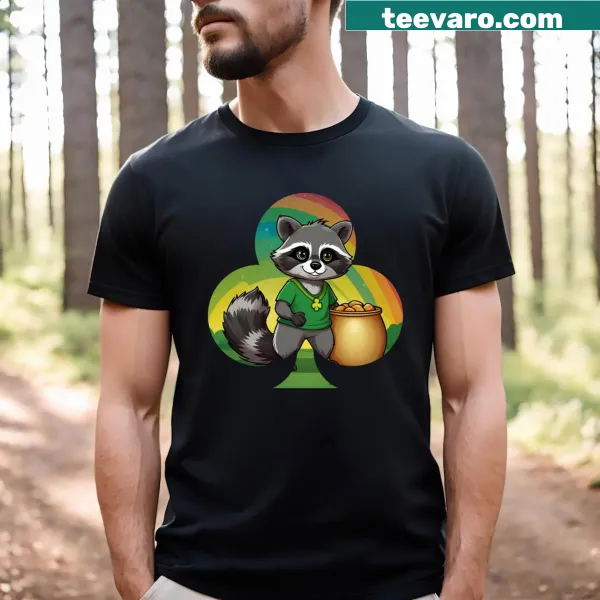 Funny raccoon t-shirt with rainbow design for St. Patrick's Day