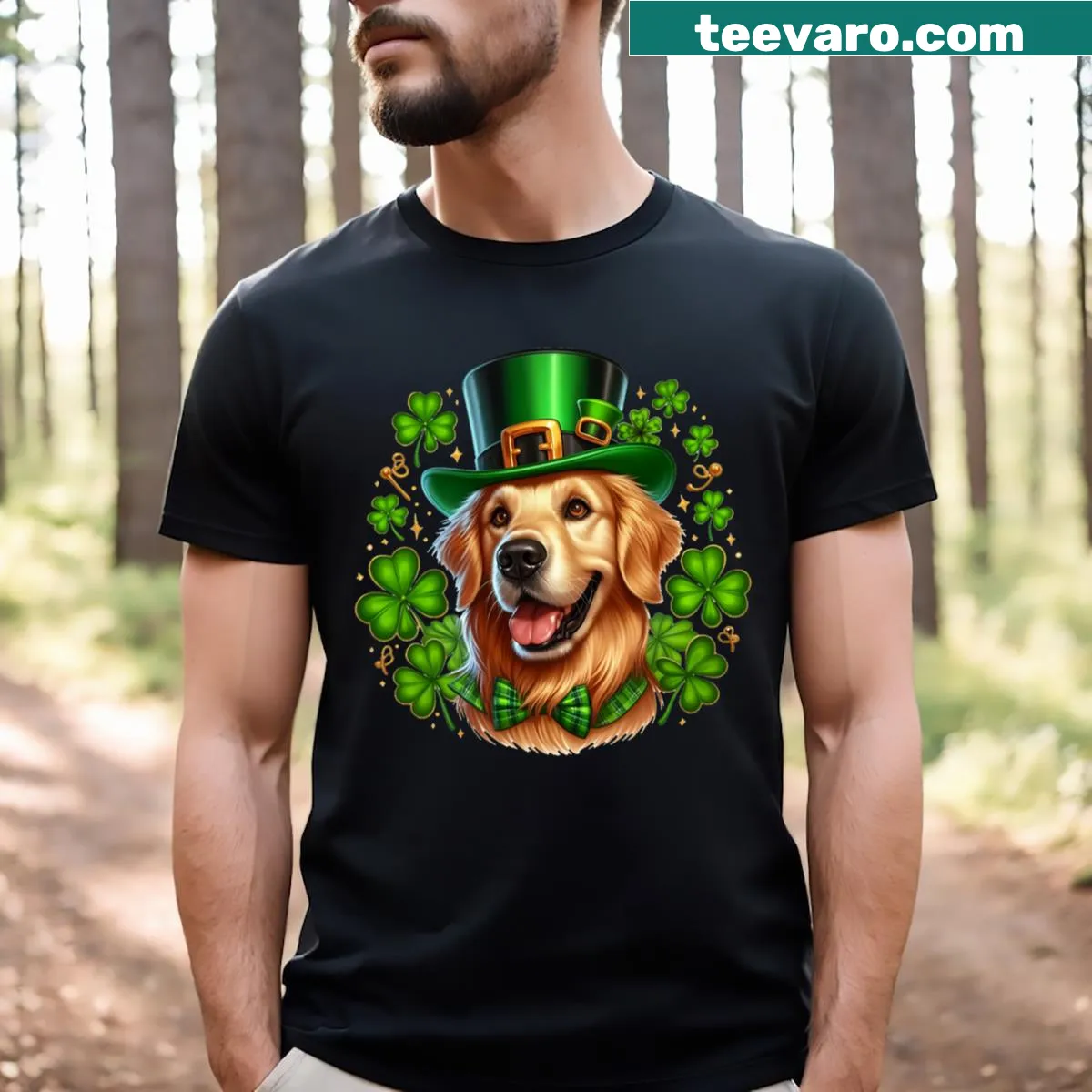 Happy golden retriever graphic on St Patrick's Day T-shirt — on a men's t-shirt