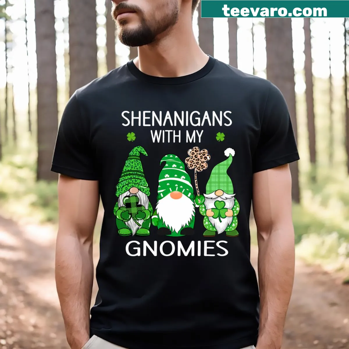 Fun St Patrick's Day t-shirt featuring gnomes and shamrocks — on a men's t-shirt