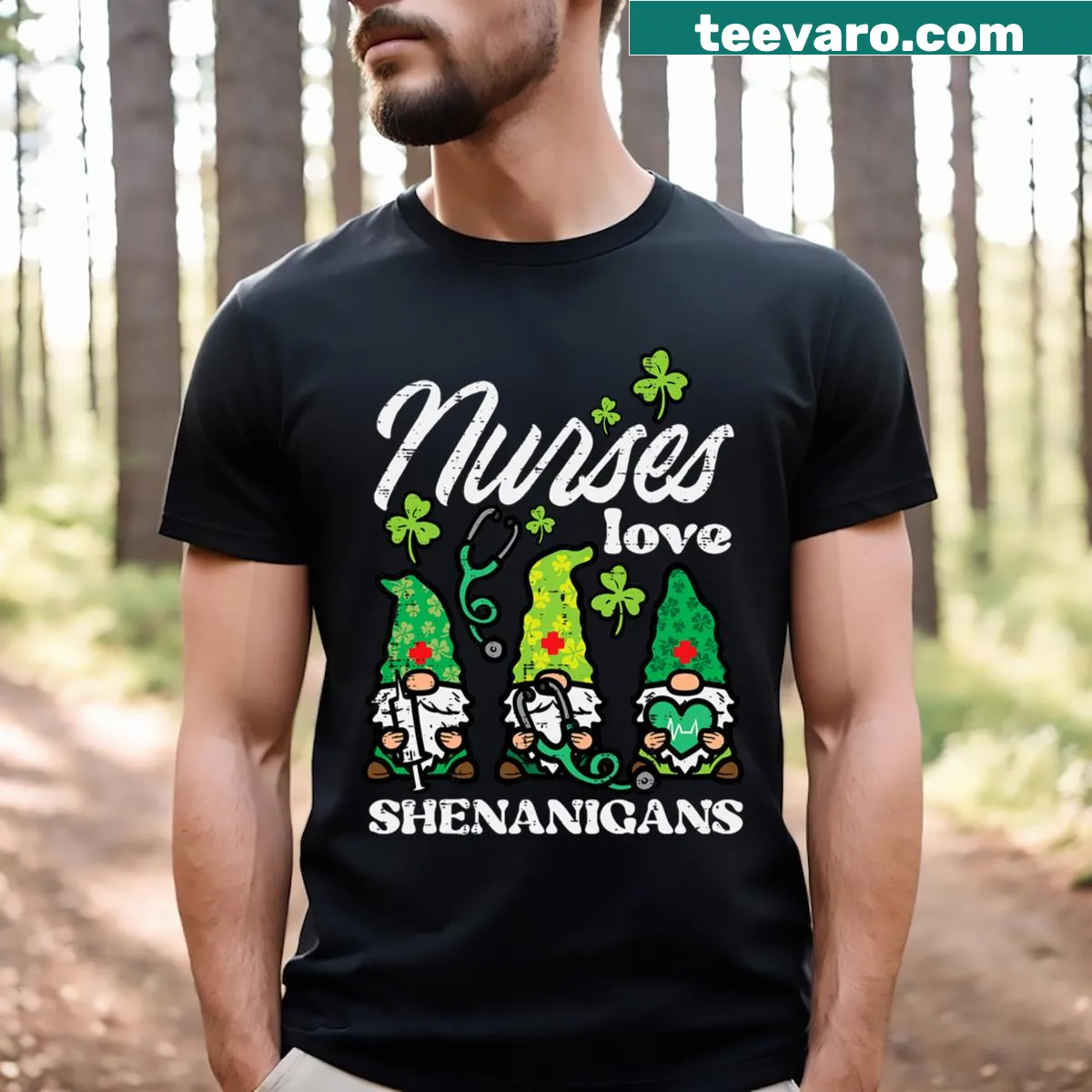 Funny St. Patrick's Day scrub top with gnomes design — on a men's t-shirt