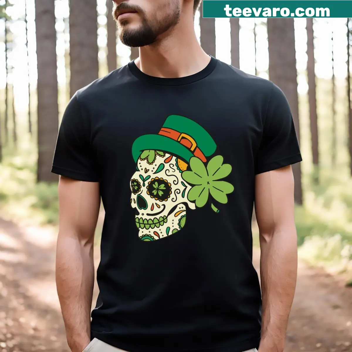 Skull design with shamrocks for St. Patrick's Day — on a men's t-shirt