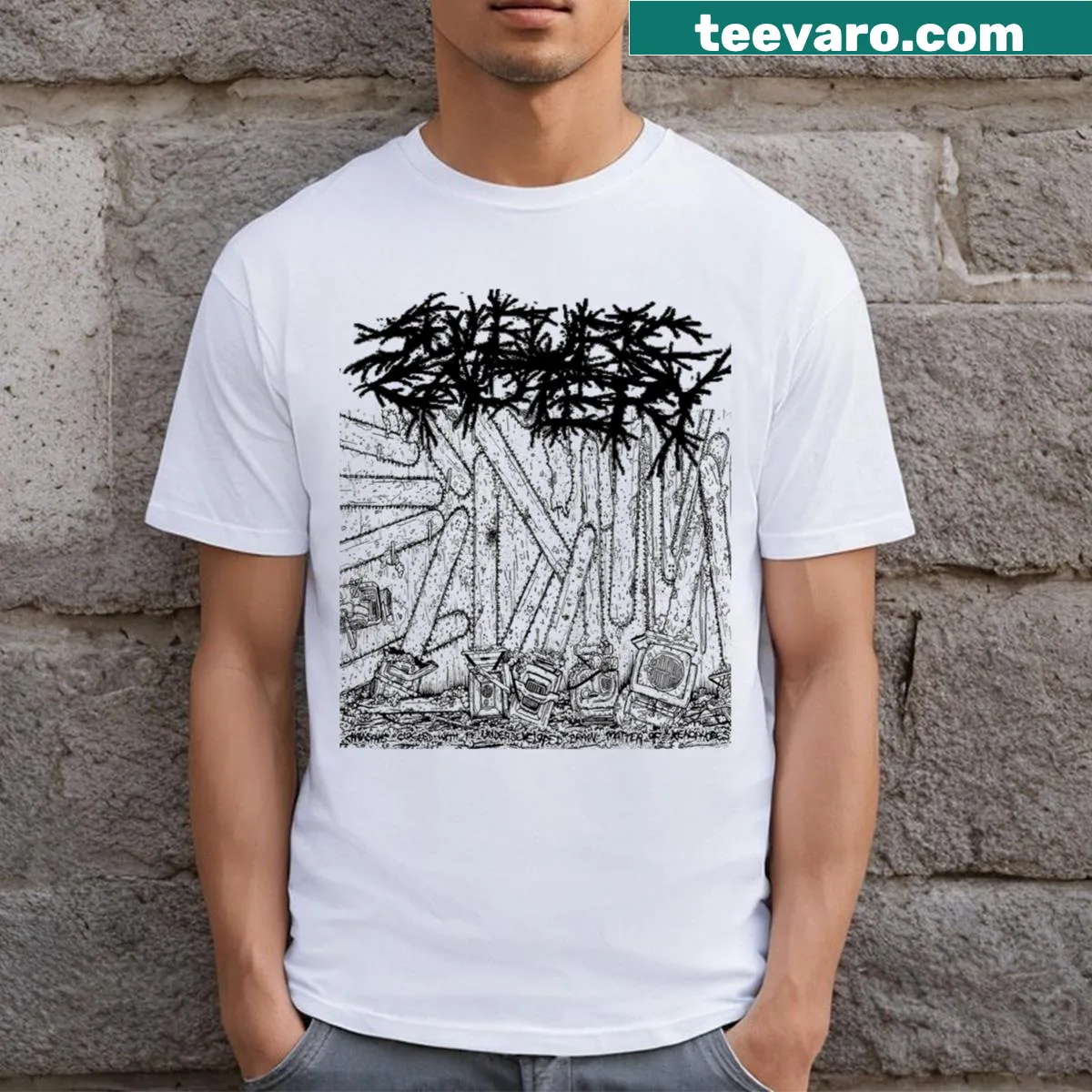 Bold graphic T-shirt featuring chainsaws and sulfuric design — on a men's t-shirt