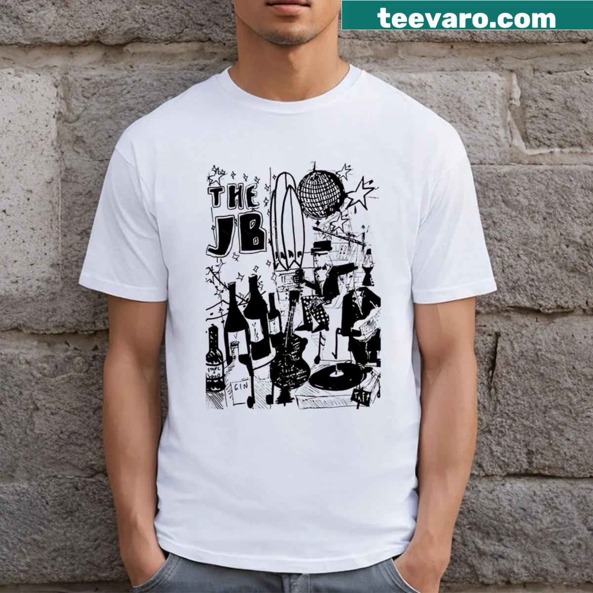 Minimalist t-shirt with hand-lettered initials 'Jb' — on a men's t-shirt