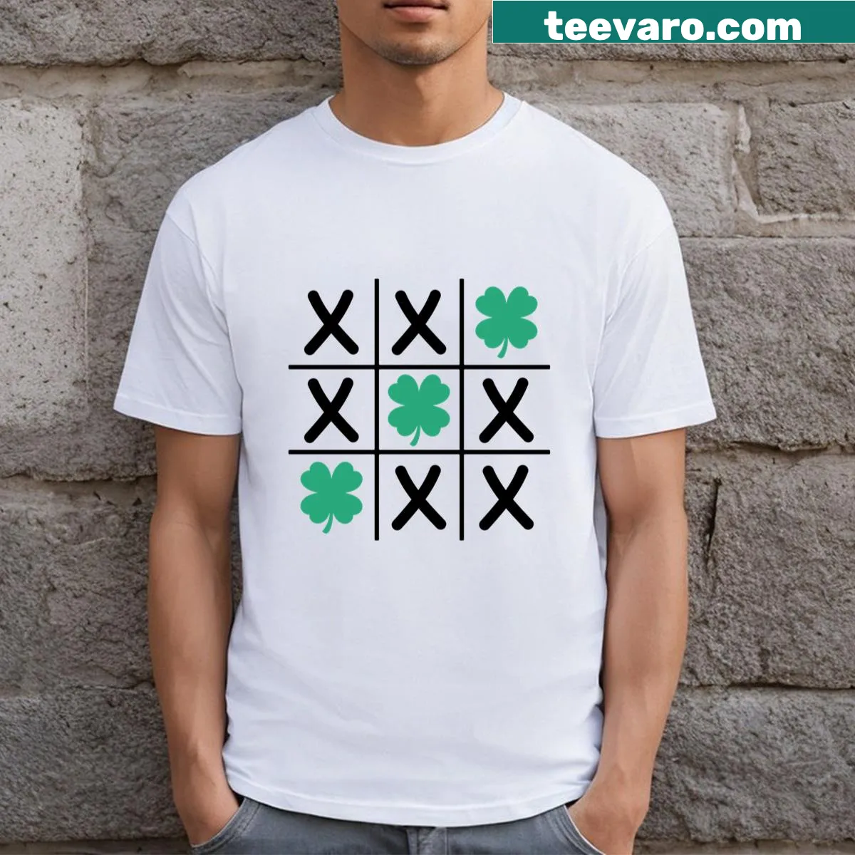 St. Patrick's Day T-shirt with Tic Tac Toe and shamrock design — on a men's t-shirt