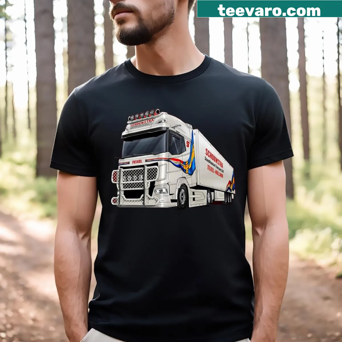 Illustration of a powerful white Volvo truck on a T-shirt — on a men's t-shirt