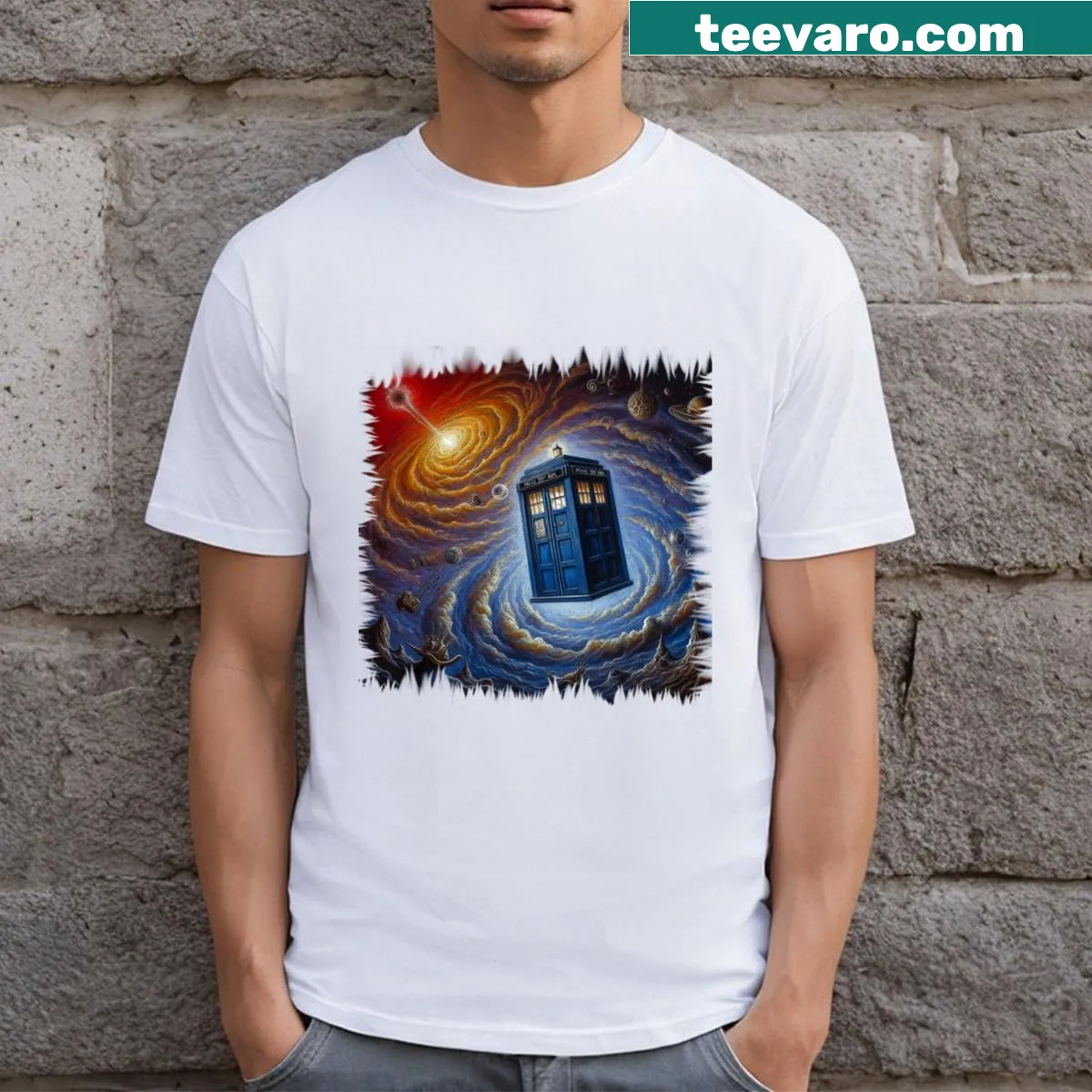 T-shirt with the phrase Who's In Space in playful typography — on a men's t-shirt