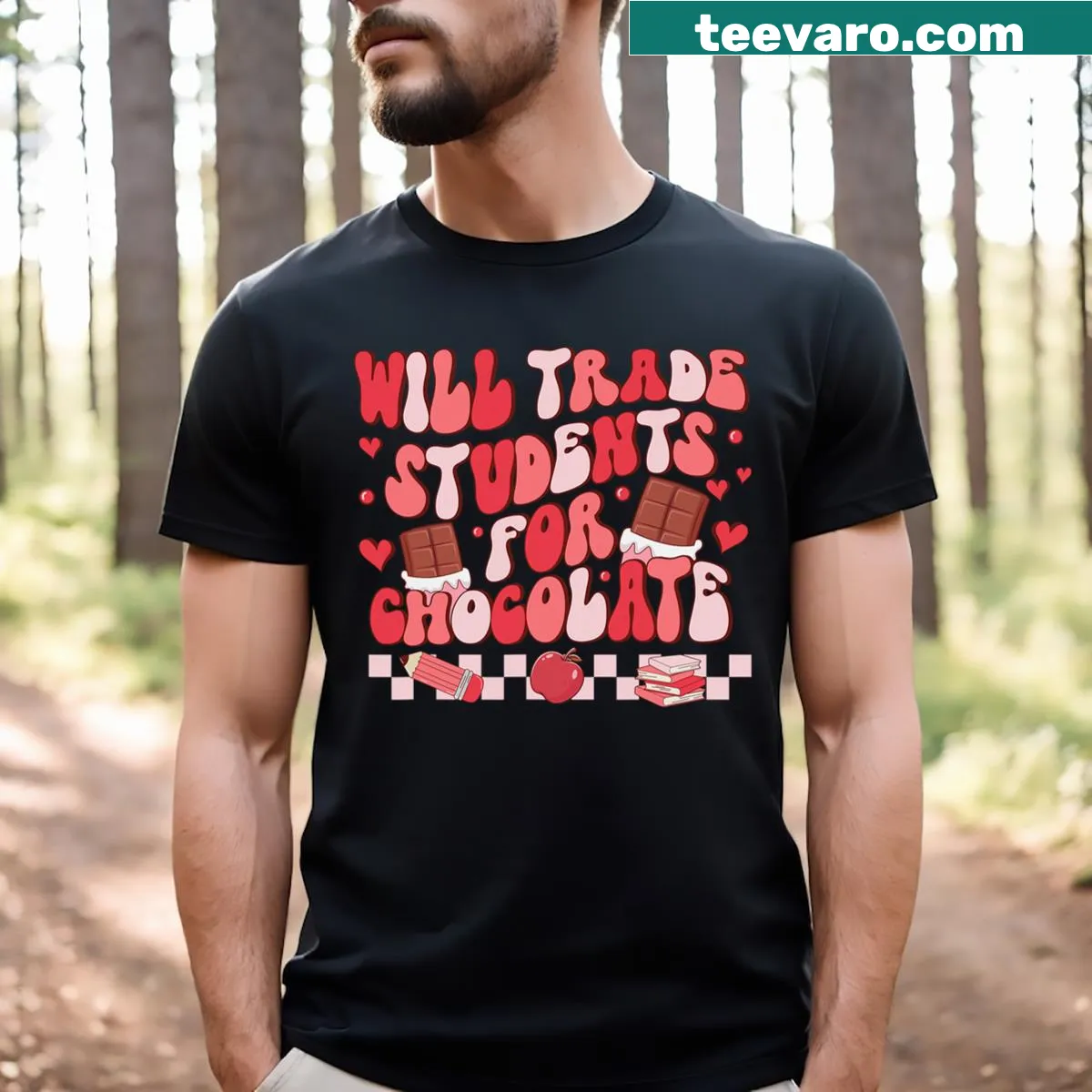Funny teacher t-shirt with chocolate trade phrase — on a men's t-shirt