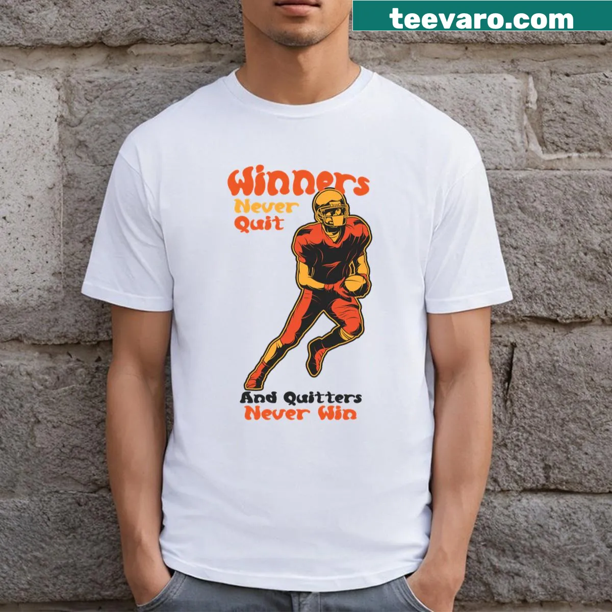 Inspirational football shirt with motivational quote — on a men's t-shirt