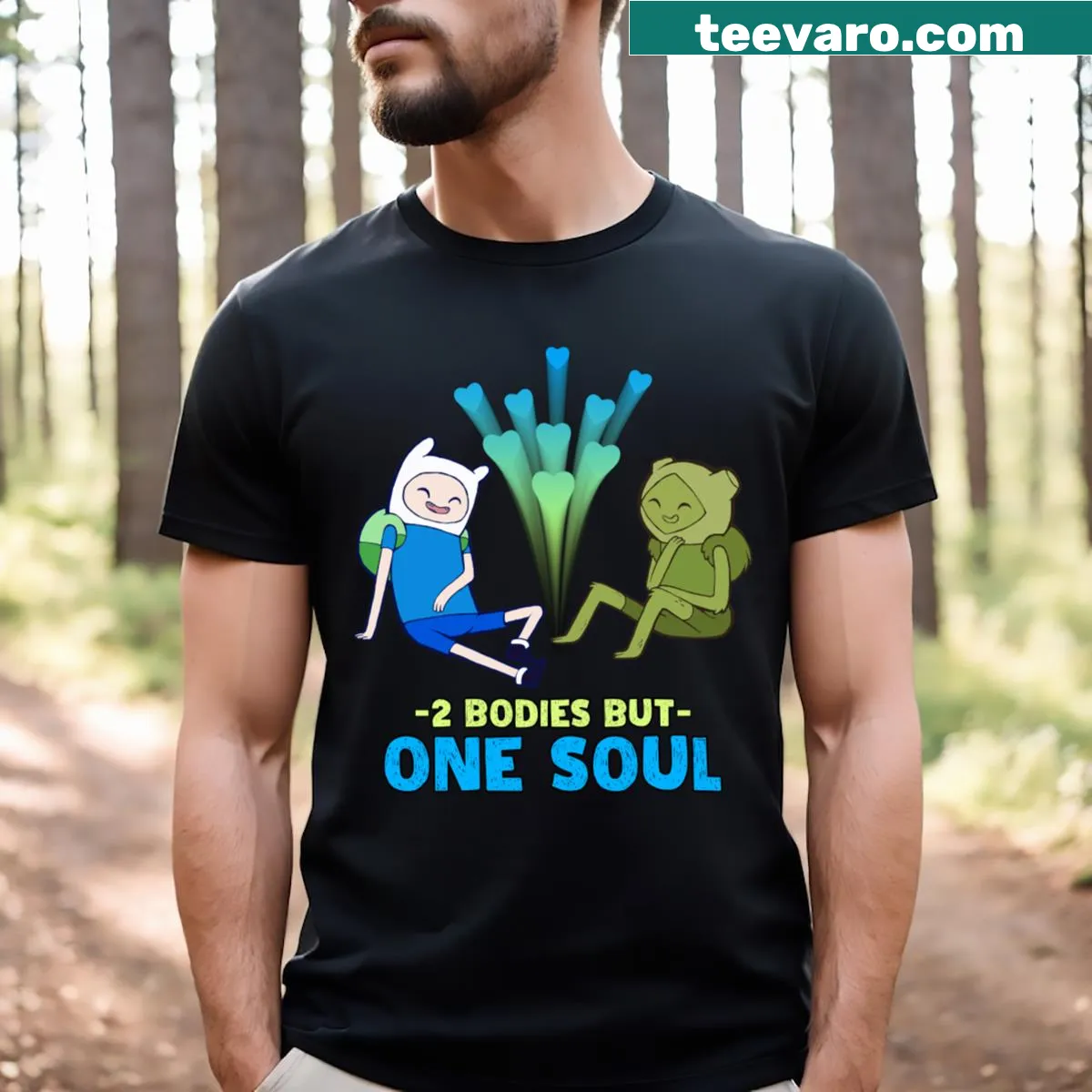 T-shirt featuring Finn and Fern from Adventure Time with the phrase '2 Bodies But One Soul' — on a men's t-shirt