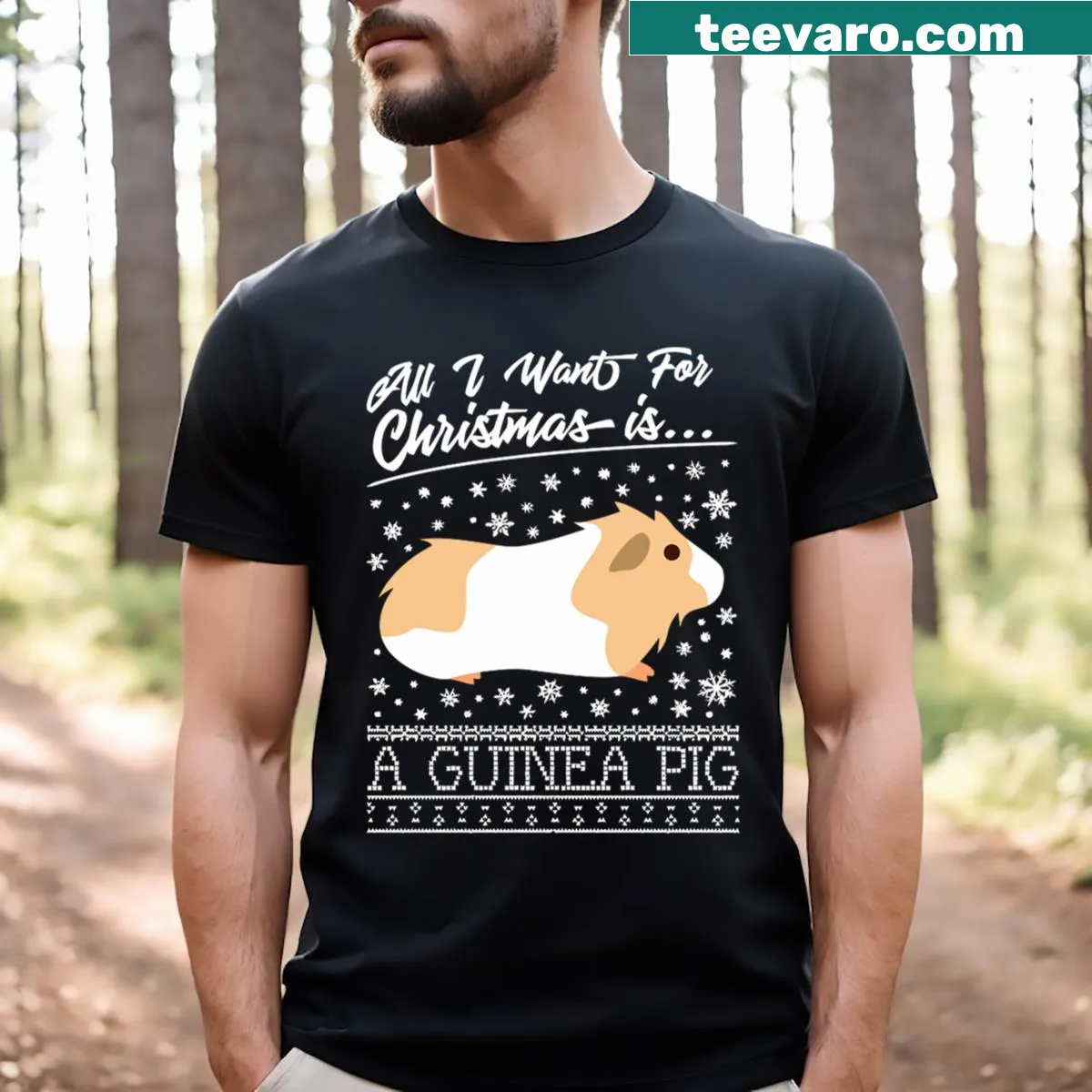 Cute Christmas guinea pig knit pattern T-shirt design — on a men's t-shirt