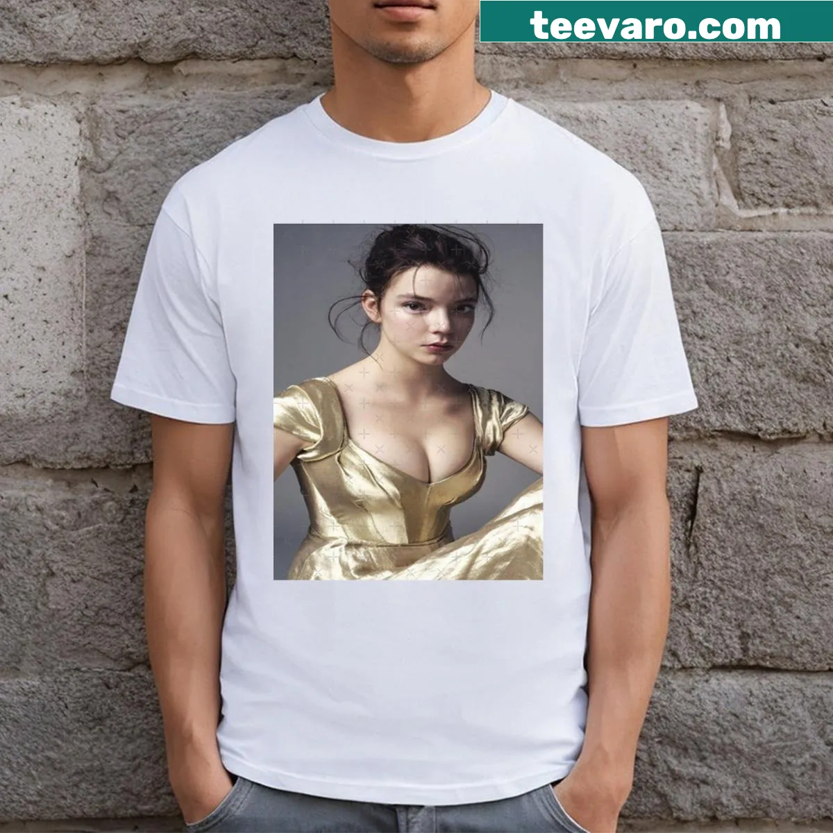 T-shirt featuring playful graphic of Anya Taylor Joy's name — on a men's t-shirt