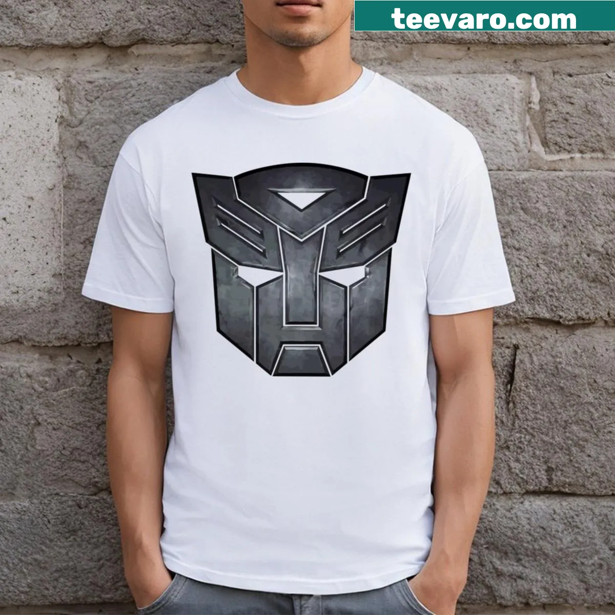 Cartoon graphic of Autobot from Transformers — on a men's t-shirt