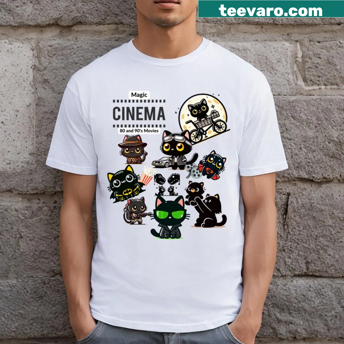 Illustration of black cats in various movie scenes on a T-shirt — on a men's t-shirt