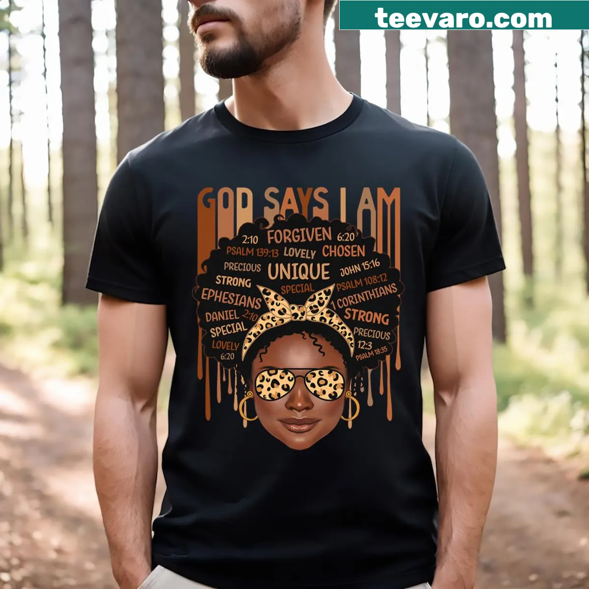 Typographic design stating 'God Says I Am Black' on a T-shirt — on a men's t-shirt
