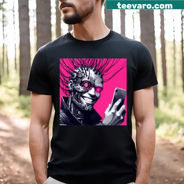 Cyberpunk-themed T-shirt featuring a character taking a selfie