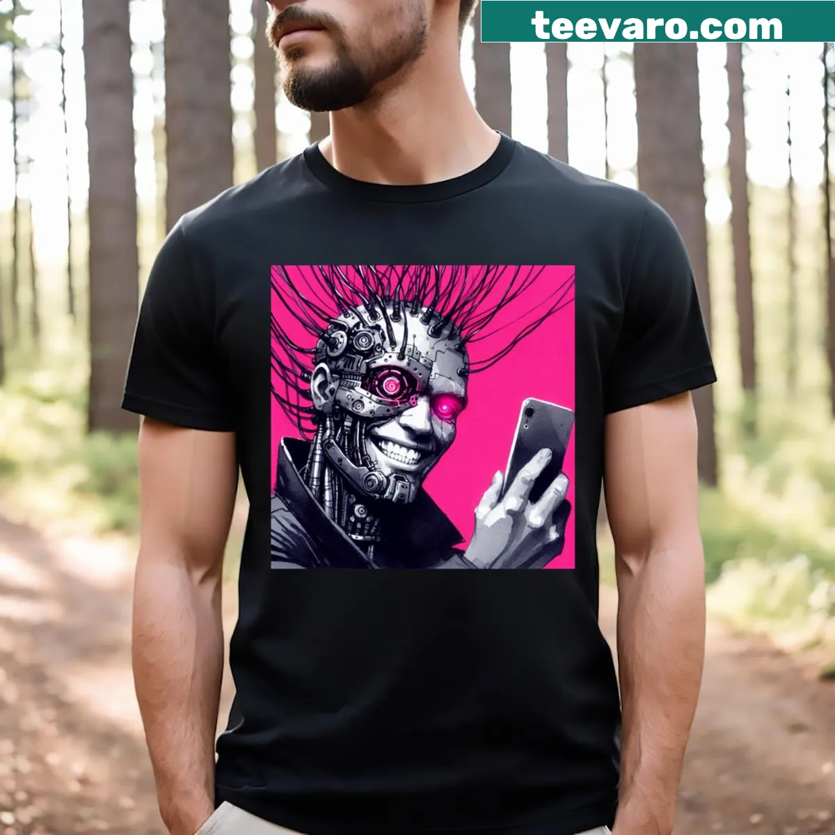 Cyberpunk-themed T-shirt featuring a character taking a selfie — on a men's t-shirt