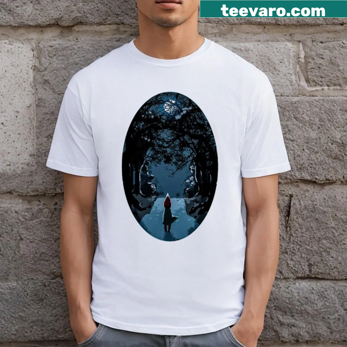 Illustration of characters from Over The Garden Wall under a starry sky — on a men's t-shirt