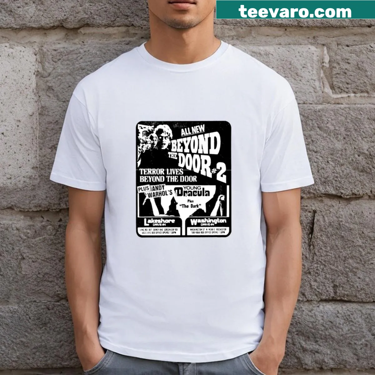 Text design celebrating drive-in movie experience — on a men's t-shirt