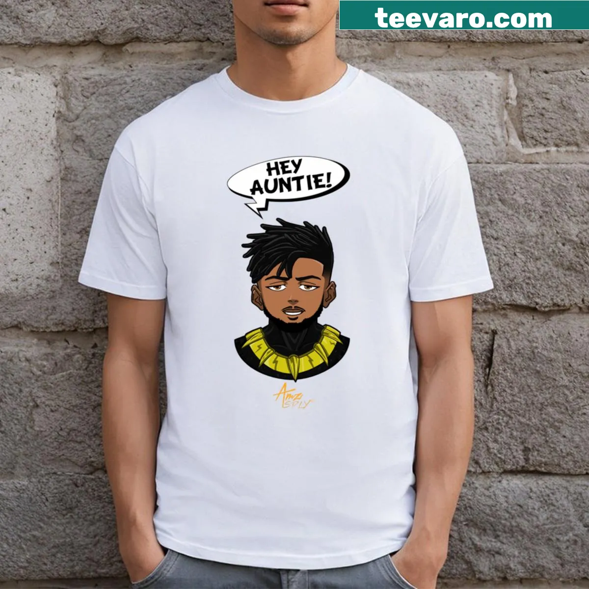 Typography t-shirt featuring the phrase 'Hey Auntie' with a playful graphic. — on a men's t-shirt