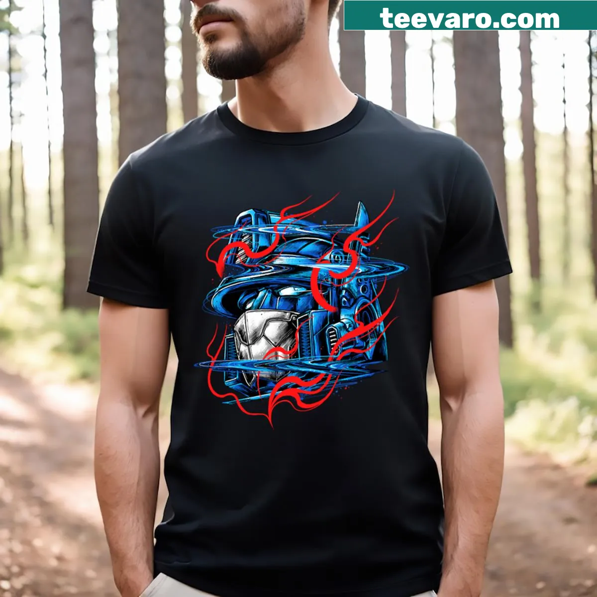 Dynamic graphic T-shirt with a glitchy flames design. — on a men's t-shirt