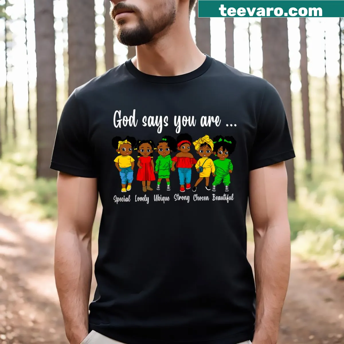 Inspirational t-shirt for kids saying God Says I Am Black History — on a men's t-shirt